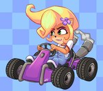 accessory anthro blonde_hair clothing female flower flower_in_hair footwear green_eyes hair hair_accessory kart long_hair plant simple_background smile solo vehicle alex-toons activision crash_bandicoot_(series) coco_bandicoot bandicoot mammal marsupial 2019 signature