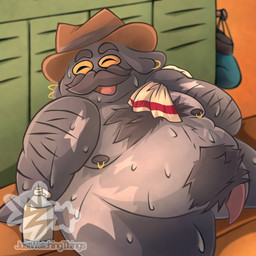 anthro arm_hair belly_hair bodily_fluids body_hair bottle boxing_gloves chest_hair clothing container ear_piercing ear_ring facial_hair handwear hat headgear headwear holding_object locker_room looking_at_viewer male muscular muscular_male mustache nipple_piercing nipples overweight piercing resting ring_piercing sitting smile smiling_at_viewer solo sweat thick_thighs towel water_bottle justwatchingthings squishy_tenact aquatic cephalopod coleoid mollusk octopodiform octopus 1:1 hi_res