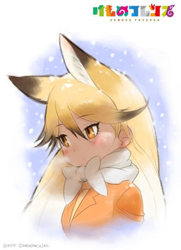 abstract_background adolescent amber_eyes biped black_hair blonde_hair blue_background blush breasts clothed clothing dipstick_ears ear_markings eyelashes female front_view frown hair human_and_animal_ears inner_ear_fluff japanese light_body light_skin logo long_hair looking_away multi_ear multicolored_ears multicolored_hair necktie orange_clothing scarf simple_background small_breasts snow snowing soft_focus solo suit tan_body tan_skin text tuft white_background white_clothing white_hair young mine_yoshizaki kemono_friends ezo_red_fox_(kemono_friends) animal_humanoid canid canid_humanoid canine canine_humanoid fox_humanoid humanoid mammal mammal_humanoid 2015 bust_portrait compression_artifacts digital_drawing_(artwork) digital_media_(artwork) english_text official_art portrait