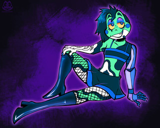 ambiguous_gender anthro armpit_hair body_hair boots clothed clothing crossdressing drugged femboy fishnet_clothing footwear high_heeled_boots high_heels makeup pubes_exposed robotic_arm shoes solo substance_intoxication tattoo squeakygears chappie_(squeakygears) amphibian frog hi_res