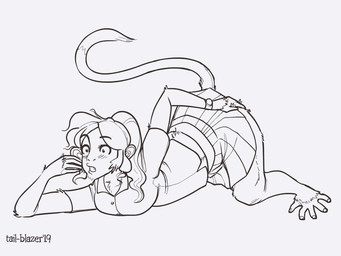 anthro blush bottomwear clock clothing feet female fur hair hand_on_butt lying mid_transformation open_mouth ponytail prehensile_feet school_uniform simple_background skirt solo species_transformation surprised toes transformation uniform watch white_background tail-blazer haplorhine mammal monkey primate 2019 4:3