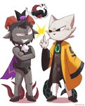 anthro bulge cape clothed clothing collar duo looking_at_another male male/male robe simple_background tentacles underwear white_background zendir cult_of_the_lamb massive_monster_(studio) nine_sols red_candle_games goat_(cult_of_the_lamb) red_crown_(cult_of_the_lamb) yi_(nine_sols) bovid caprine felid feline goat mammal crossover hi_res