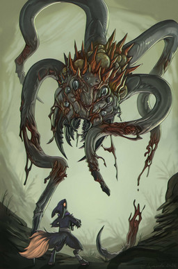 ambiguous_anthro ambiguous_feral ambiguous_gender anthro black_body black_fur digitigrade duo feral fur gun holding_gun holding_object holding_ranged_weapon holding_weapon larger_feral mandibles missing_limb multi_eye orange_body orange_eyes orange_fur paws ranged_weapon semi-anthro size_difference smaller_anthro weapon wounded creepy_gun casualties:_unknown arthropod elder_thornback_(casualities:_unknown) expie_(gunsawian) gunsawian insect thornback_(casualities:_unknown) hi_res