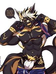 anthro bulge clothing egyptian fur male muscular muscular_anthro muscular_male nipples pose solo tattoo underwear midnight_blue obsidian_(midnight_blue) canid canine demon felid feline fox hybrid mammal absurd_res hi_res pinup