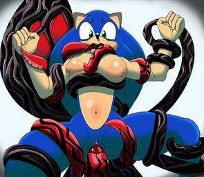 anthro black_body blue_body blue_fur blush bodily_fluids breasts clitoris duo fur genital_fluids genitals hands_up imminent_sex intersex intersex/male lactating lifting_partner male navel open_mouth oral oral_penetration penetration questionable_consent raised_arms restrained saliva saliva_string scared sex tan_body tan_fur tentacle_in_mouth tentacle_in_vagina tentacle_penetration tentacle_sex tentacles vaginal vaginal_fluids vaginal_penetration vulva nezuruiart sega sonic_the_hedgehog_(series) shadow_the_hedgehog sonic_the_hedgehog alien eulipotyphlan hedgehog mammal monster tentacle_creature absurd_res hi_res