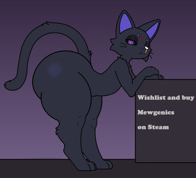 ambiguous_gender anthro bent_over big_butt black_body black_ears black_fur black_sclera black_tail butt eye_scar facial_scar forehead_mark fur half-closed_eyes heterochromia looking_at_viewer multicolored_ears narrowed_eyes purple_ears purple_eyes purple_nose scar side_view solo tail text thick_thighs two_tone_ears whiskers white_eyes bokosho mewgenics domestic_cat felid feline felis mammal 2025 digital_media_(artwork) english_text hi_res