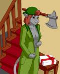 anthro areola axe backwards_baseball_cap backwards_hat baseball_cap breasts clothed clothing female fur gift grey_body grey_fur hair hat headgear headwear melee_weapon red_hair solo undressing weapon graphite_(artist) chelsie_(sailoranna) american_opossum mammal marsupial virginia_opossum 2014