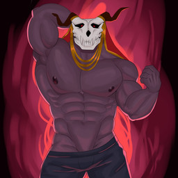 abs biceps black_bottomwear black_clothing black_pants black_sclera bone bottomwear clothed clothing hand_behind_head horn jewelry looking_at_viewer male muscular muscular_humanoid muscular_male necklace nipples not_furry obliques pants pecs purple_body red_eyes skull skull_head solo v-cut slsinlogo the_ancient_magus'_bride elias_ainsworth demon humanoid monster 1:1 2026 absurd_res digital_media_(artwork) hi_res