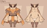 anthro armor beak bottomwear breastplate brown_body brown_eyes brown_feathers cape clothed clothed_anthro clothed_male clothing feather_hands feathers front_view geometric_background leg_armor loincloth looking_at_viewer male male_anthro orange_cape orange_clothing paladin shoulder_armor simple_background solo tan_background tan_body tan_feathers text underwear underwear_only conditional_dnp welwraith filigris_(welwraith) avian bird owl 2025 digital_drawing_(artwork) digital_media_(artwork) english_text full-length_portrait hi_res model_sheet portrait