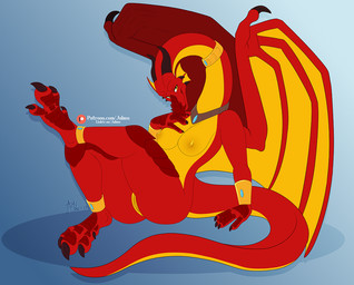 anthro breasts claws female genitals horn jewelry long_neck looking_at_viewer membrane_(anatomy) membranous_wings nipples nude simple_background solo tail vulva wings conditional_dnp jalmu mythology avarisa dragon mythological_creature mythological_scalie scalie 2021 dated digital_media_(artwork) flat_colors