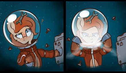 ambiguous_gender eyelashes feral freckled_face freckles fur hair heterochromia machine orange_hair question_mark solo space spacesuit tan_body tan_fur tools wrench rexyseven friendship_is_magic hasbro my_little_pony fan_character rusty_gears equid equine horse mammal 2020 digital_drawing_(artwork) digital_media_(artwork) english_description hi_res sequence female_(lore)