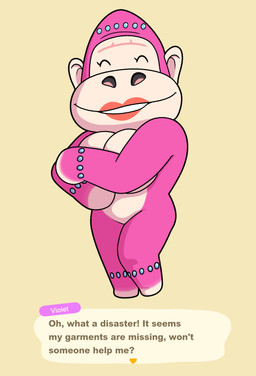 anthro biped breasts covering covering_breasts covering_self dialogue eyes_closed female fur lipstick makeup multicolored_body nude nude_anthro nude_female pink_body pink_fur simple_background smile solo tan_background tan_body text impstripe animal_crossing nintendo violet_(animal_crossing) ape gorilla haplorhine mammal primate english_text hi_res