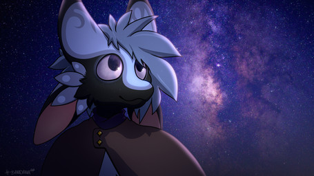 4_ears ambiguous_gender anthro button_(fastener) cloak clothing dark_body dark_fur feathers fluffy freckled_face freckles fur galaxy glistening glistening_eyes hair highlights_(coloring) looking_up multi_ear night sky smile solo space standing star stock_image_background tuft universe poundbandana nora_voilyn avali 16:9 4k absurd_res digital_media_(artwork) hi_res signature widescreen