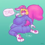 3_toes abdominal_bulge anal anal_vore anthro big_breasts breasts butt butt_flap clothing dialogue duo feet female huge_breasts pajamas paws same_size_vore soles speech_bubble text toes vore keffotin lagomorph leporid mammal rabbit 1:1 english_text hi_res