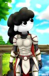 anthro black_eyes black_hair detailed_background female forest hair knight knight_armor looking_away plant puffy_hair sheathed_sword sheep_ears smile solo tree warrior white_body baterco bovid caprine mammal sheep 2020 hi_res signature