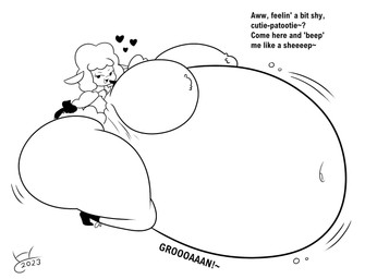 abdominal_bulge ambiguous_inflation anthro bedroom_eyes belly big_belly big_breasts big_butt breast_tuft breasts butt female fur groaning_belly heart_symbol huge_belly huge_breasts huge_butt huge_hips hyper hyper_belly hyper_breasts hyper_butt hyper_hips narrowed_eyes onomatopoeia organs rumbling_stomach seductive solo sound_effects stomach text tuft white_body wide_hips wool_(fur) hatty_ya_ku asdfmovie droopy_(series) metro-goldwyn-mayer sheep_wrecked leggy_lamb bovid caprine mammal sheep 2023 absurd_res english_text hi_res monochrome