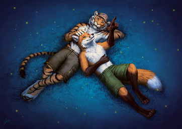 anthro bottomwear claws clothing duo fluffy fluffy_tail grass hat headgear headwear high-angle_view lying male on_back pawpads plant shorts smile tail johis canid canine felid fox mammal pantherine tiger