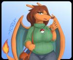 anthro anthrofied big_breasts blue_eyes breasts brown_hair charizard clothed clothing dragon female generation_1_pokemon hair huge_breasts jewelry mature_anthro mature_female mythological_creature mythological_scalie mythology necklace nintendo open_mouth pokemon pokemon_(species) scalie simple_background slightly_chubby smile solo sweater tail thick_thighs topwear wide_hips wings yorusagi