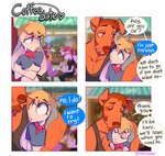 4_panel_comic anthro athens_(heresvix) avian bandanna blonde_hair bodily_fluids border boyfriends brown_body brown_fur canid canine canis chin_tuft clothing crop_top date deer dialogue domestic_dog duo_focus english_text european_mythology eyes_closed facial_tuft falcon_mccooper_(character) femboy floppy_ears fur greek_mythology grey_body grey_fur group hair heart_symbol heresvix hi_res hippogriff kerchief lagomorph leporid male mammal muscle_tone musclegut muscular muscular_anthro muscular_male mythological_avian mythological_creature mythology neckerchief pecs rabbit shirt speech_bubble sweat sweatdrop tank_top text topwear tuft white_border wide_eyed