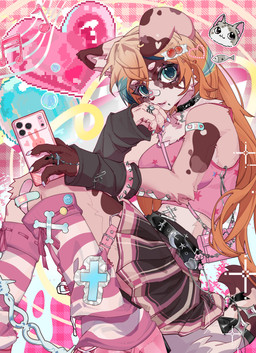anthro armwear band-aid bandage bottomwear breasts cellphone clothed clothed_anthro clothing collar cross electronics eyelashes facial_piercing female female_anthro fingers fur hair heart_symbol holding_cellphone holding_object holding_phone holding_smartphone inner_ear_fluff lip_piercing multicolored_body multicolored_fur musical_note musical_symbol phone piercing pink_clothing pink_topwear safety_pin skirt smartphone snakebite_piercing solo symbol tail topwear tuft white_sclera unknown_artist canid canine mammal absurd_res digital_media_(artwork) hi_res portrait