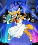 anthro breasts cleavage clothed clothing devil_horns_(gesture) dress female fur gesture glowing glowing_eyes hand_gesture open_mouth solo stage tongue tongue_out wedding_dress white_eyes rubykila aggretsuko sanrio retsuko ailurid mammal red_panda hi_res