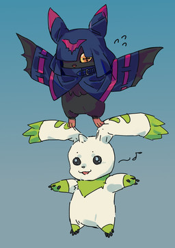 anthro beady_eyes black_body black_fur cloak clothing cowl duo flying fur horn long_ears male smile white_body white_fur wings yellow_eyes alkene-colour bandai_namco digimon digimon_beatbreak chiropmon digimon_(species) terriermon hi_res