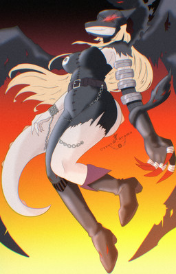 5_fingers abstract_background anthro belt belt_buckle big_breasts big_tail black_boots black_clothing black_footwear blonde_hair bone_frill boots breasts buckle chain claws clothing cosplay crossover_cosplay female finger_claws fingers flying footwear frill_(anatomy) glowing glowing_eyes hair long_hair long_tail looking_at_viewer red_eyes red_sclera scales shoes side_boob smile snaggle_tooth snout solo spiked_tail spikes spikes_(anatomy) tail text white_body white_scales wings vvurm_drama bandai_namco cavemanon_studios digimon goodbye_volcano_high ko_op_(game_developer) snoot_game naomi_(gvh) digimon_(species) dinosaur hadrosaurid ladydevimon ornithischian ornithopod parasaurolophus prehistoric_species reptile scalie 2026 absurd_res artist_name crossover digital_drawing_(artwork) digital_media_(artwork) hi_res watermark