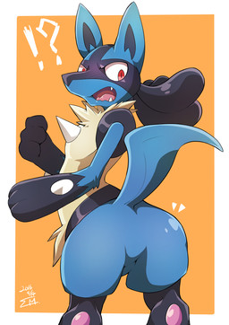 3_fingers ambiguous_gender anthro biped black_body black_fur blue_body blue_fur blue_tail blush butt butt_focus crotch_tuft digitigrade embarrassed facial_markings fangs featureless_crotch fingers flat_chested fur gloves_(marking) grey_body grey_fur head_markings interrobang looking_at_butt looking_at_self looking_back markings mask_(marking) multicolored_body multicolored_fur neck_tuft nude open_mouth orange_background pawpads pink_pawpads pseudo_clothing rear_view red_eyes simple_background solo spikes standing surprised tail tan_body tan_fur teeth tendrils tuft white_background white_body white_fur wide_eyed wide_hips yellow_body yellow_fur sknk_sgm 獅熊ぐま nintendo pokemon canid canine generation_4_pokemon lucario mammal pokemon_(species) 2016 digital_media_(artwork) hi_res portrait signature three-quarter_portrait