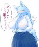 anthro areola big_areola big_breasts black_nose blue_body blue_fur blush breasts clothed clothing female fur green_eyes huge_breasts japanese kemono looking_at_viewer nipples open_mouth simple_background smile solo text tongue white_background cocolog roko_(cocolog) canid canine canis mammal wolf 2016 hi_res japanese_text translated