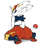 ambiguous_gender anthro biped blue_body butt looking_back on_ground orange_body orange_eyes pokeball rear_view simple_background solo spread_knees standard_pokeball white_background white_body esahma nintendo pokemon cinderace generation_8_pokemon pokemon_(species) 2023 absurd_res hi_res