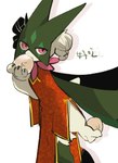 ambiguous_gender anthro asian_clothing chinese_clothing claws clothing dumplings east_asian_clothing eating food fur green_body green_fur green_hair hair holding_food holding_object looking_at_viewer pink_eyes simple_background solo text sstoh nintendo pokemon felid feline generation_9_pokemon mammal meowscarada pokemon_(species) 2025 japanese_text