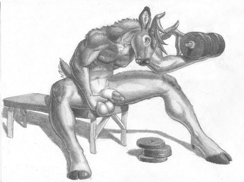 abs animal_genitalia anthro antlers ball_fondling balls biceps big_balls biped exercise fondling fur genitals half-erect holding_object hooves horn humanoid_genitalia humanoid_penis looking_at_viewer male masturbation muscular muscular_anthro muscular_male nipples nude pecs penis pose presenting sheath sitting smile solo spread_legs spreading three-quarter_view unguligrade weightlifting weights workout arjuna deer mammal full-length_portrait graphite_(artwork) greyscale monochrome portrait shaded soft_shading traditional_media_(artwork)