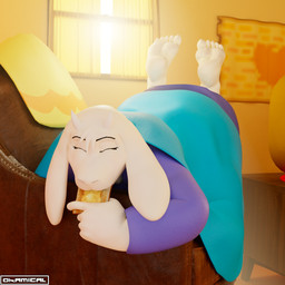 anthro bedding blanket bread clothing dress feet female food fur furniture hair horn living_room smile sofa solo toast toes white_body white_fur okamical okamical_(modeler) deltarune undertale undertale_(series) toriel boss_monster_(undertale) bovid caprine goat mammal 1:1 3d_(artwork) absurd_res digital_media_(artwork) hi_res