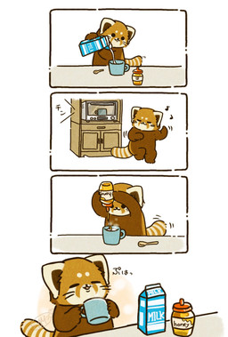 black_eyes black_nose brown_body chibi container cup dancing dot_eyes eyes_closed feral food honey_(food) kemono milk mug musical_note musical_symbol simple_eyes solo symbol text shi_nominmin ailurid mammal red_panda 2023 comic hi_res japanese_text