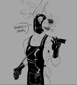 ambiguous_gender anthro apron cigarette clothed clothing gloves handwear latex latex_clothing latex_gloves latex_handwear latex_mask leather leather_apron leather_clothing mask partially_clothed smoking smoking_cigarette solo speech_bubble standing whip azaroteu canid canine canis dobermann domestic_dog mammal pinscher monochrome