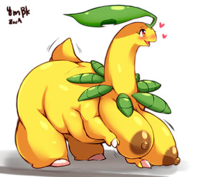 areola big_breasts blush breasts brown_areola brown_nipples busty_feral female feral green_body heart_symbol leaf nipples nude plant red_eyes simple_background smile solo white_background ymbk nintendo pokemon bayleef generation_2_pokemon pokemon_(species)