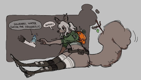 anthro backpack belt big_butt boots bottle butt clothing container dialogue disembodied_hand duo exclamation_point female footwear hair leaf legwear navel ponytail shoes sitting solo_focus speech_bubble stick text thick_thighs thigh_highs topwear water_bottle wyrt_(artist) gastropod mammal mollusk rodent sciurid snail tree_squirrel digital_media_(artwork) english_text full-length_portrait portrait