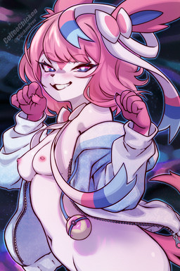 5_fingers anthro areola biped blue_eyes breasts claws clothed clothed_anthro clothed_female clothing exposed_breasts female female_anthro fingers fur hair jacket looking_at_viewer navel nipples open_clothing open_topwear partially_clothed_anthro partially_clothed_female pink_body pink_fur pink_hair short_hair simple_background small_breasts smile solo standing tail teeth topwear white_body white_fur coffeechicken nintendo pokemon eeveelution generation_6_pokemon pokemon_(species) sylveon 2026 digital_drawing_(artwork) digital_media_(artwork) hi_res