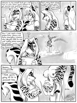 anthro dancing duo female interview pole pole_dancing text ksharra k'sharra zig_zag felid mammal mephitid pantherine skunk tiger 3:4 comic english_text monochrome