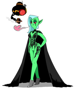breasts cape cigar clothed clothing female fingers footwear freckles genitals green_body green_skin hair half-closed_eyes hand_on_hip hand_on_own_hip high_heels humanoid_pointy_ears ineffective_clothing long_hair machine narrowed_eyes noseless not_furry pink_sclera pointy_ears shoes simple_background smoke solo standing vulva white_background white_hair anonymous_artist disney wander_over_yonder lord_dominator alien alien_humanoid humanoid robot absurd_res alternate_version_at_source full-length_portrait hi_res portrait