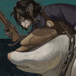 anthro black_hair chain_necklace clothing duo gun hair hat_over_eyes jewelry male necklace ranged_weapon riding_on_back shirt size_difference tank_top topwear weapon dragonroll deadlock_(game) valve krill_(deadlock) mo_(deadlock) eulipotyphlan haplorhine mammal mole_(animal) monkey primate