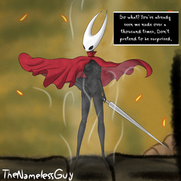 anthro breasts cloak cloak_only clothed clothing clothing_lift dialogue dialogue_box dress dress_lift female genitals melee_weapon naked_underneath nipples no_underwear nonchalant red_cloak red_clothing red_dress slim_anthro slim_female small_breasts solo text vulva weapon wind wind_lift the_nameless_guy hollow_knight:_silksong hollow_knight_(franchise) team_cherry hornet_(hollow_knight) arthropod insect 1:1 english_text hi_res