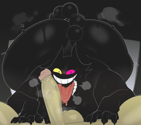 anthro balls big_butt big_penis black_body bodily_fluids breath butt claws cum cum_on_tongue duo faceless_character faceless_human faceless_male first_person_view genital_fluids genitals glans hand_on_leg hand_on_thigh heterochromia huge_butt human_on_anthro human_pov humanoid_genitalia humanoid_penis interspecies leaking_precum licking licking_cum looking_at_viewer male male/male male_on_human male_pov oral overweight overweight_anthro overweight_male penile penis penis_lick pink_eyes precum sex smile sweat tail teeth tongue tongue_out yellow_eyes submarine_screw deltarune undertale_(series) friend_(deltarune) darkner domestic_cat felid feline felis human mammal 2026 digital_media_(artwork) hi_res