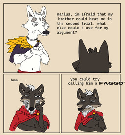 anthro beard black_nose brown_body brown_fur clasped_hands clothing dialogue duo facial_hair fur homophobic_slur humor male navel profanity slur text thinking thoughtful_expression white_body white_fur worried ganii adastra adastra_(series) echo_project cassius_(adastra) canid canine canis mammal wolf absurd_res aliasing comic digital_media_(artwork) english_text hi_res