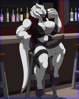 alcohol anthro balls bar beverage biceps big_breasts biped bottle bottomwear breasts clothing container dagger erection footwear furniture genitals gynomorph high_heels intersex knife lips looking_at_viewer melee_weapon muscular muscular_anthro muscular_gynomorph muscular_intersex navel non-mammal_breasts penis platform_footwear platform_heels pupils shoes sitting skirt slit_pupils smile solo stool teeth thick_bottom_lip topwear vest weapon morningstarlewds jurassic_park jurassic_world universal_studios dinosaur indominus_rex prehistoric_species reptile saurischian scalie theropod 2016 4:5 absurd_res hi_res