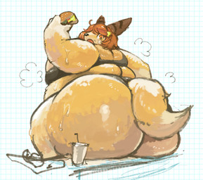 anthro back_rolls belly big_belly big_breasts big_butt bodily_fluids breasts burger butt fat_arms fat_rolls female food geometric_background grid_background huge_belly huge_butt huge_thighs looking_back morbidly_obese morbidly_obese_female obese obese_female overweight overweight_female pattern_background rear_view simple_background solo sweat thick_thighs hoshino_kedama nogami_(hoshinokedama) canid canine fox mammal hi_res
