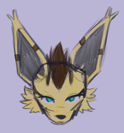 anthro brown_body brown_fur cheek_tuft facial_tuft female fur long_ears markings solo striped_markings stripes tuft yellow_body yellow_fur ruski harpnel_brues hybrid colored_sketch headshot_portrait portrait sketch