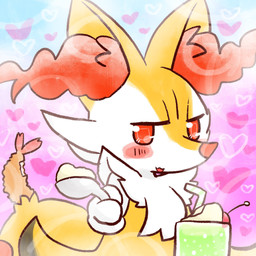 ambiguous_anthro ambiguous_gender anthro beverage biped blush cherry cutlery dessert dipstick_tail food front_view fruit heart_symbol holding_spoon ice_cream ice_cream_float kitchen_utensils looking_at_viewer markings object_in_tail offering_food open_:3 open_mouth open_smile plant shrimp_(food) smile solo spoon tail tail_markings tools annyui0611 nintendo pokemon braixen canid generation_6_pokemon mammal pokemon_(species) 1:1 2022 digital_drawing_(artwork) digital_media_(artwork) half-length_portrait hi_res japanese_description portrait translated_description