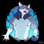1:1 5_fingers alpha_channel anthro blue_eyes blue_sclera canid canine canis chest_tuft digital_media_(artwork) eyewear fingers fur glasses hi_res khuraji male mammal muscular muscular_anthro muscular_male neck_tuft nipples nude open_mouth pink_nose solo teeth tongue tuft wolf