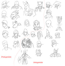 anthro bared_teeth closed_smile duo eyes_closed eyewear eyewear_on_head facial_scar female female_human goggles goggles_on_head hair head_tuft hood horn looking_aside looking_at_viewer male male_anthro male_human mask messy_hair mouth_closed narrowed_eyes open_mouth scar simple_background smile solo tuft wearing_helmet wearing_mask solaxe_(artist) mythology alien canid canine dragon felid human kangaroo macropod mammal marsupial mythological_creature mythological_scalie scalie sketch sketch_page